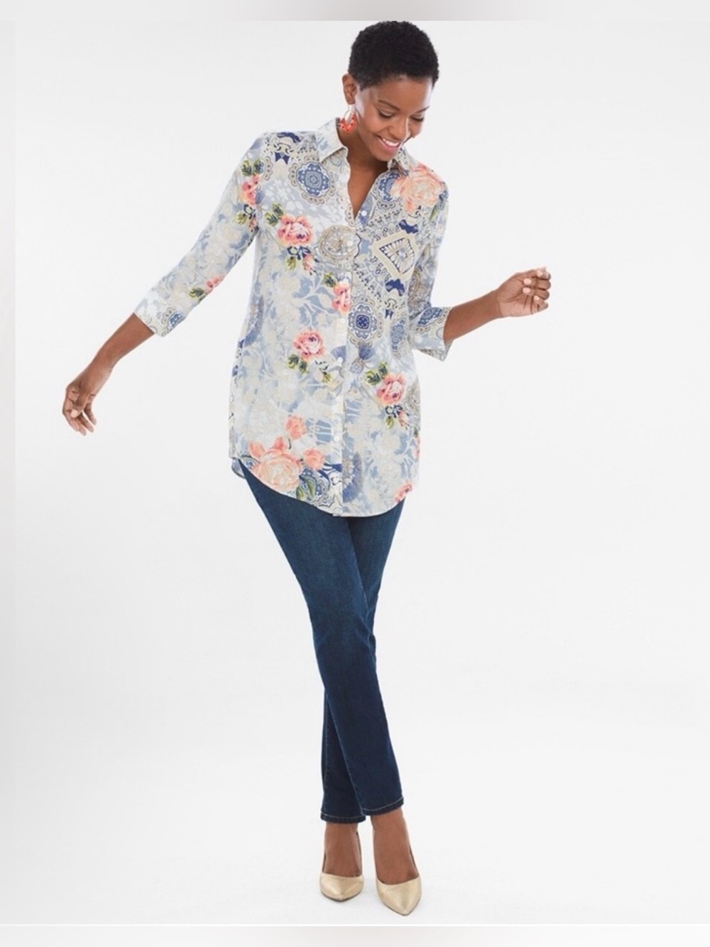 Chico’s Floral Light Blue Collared Tunic with Coral Blossoms 2